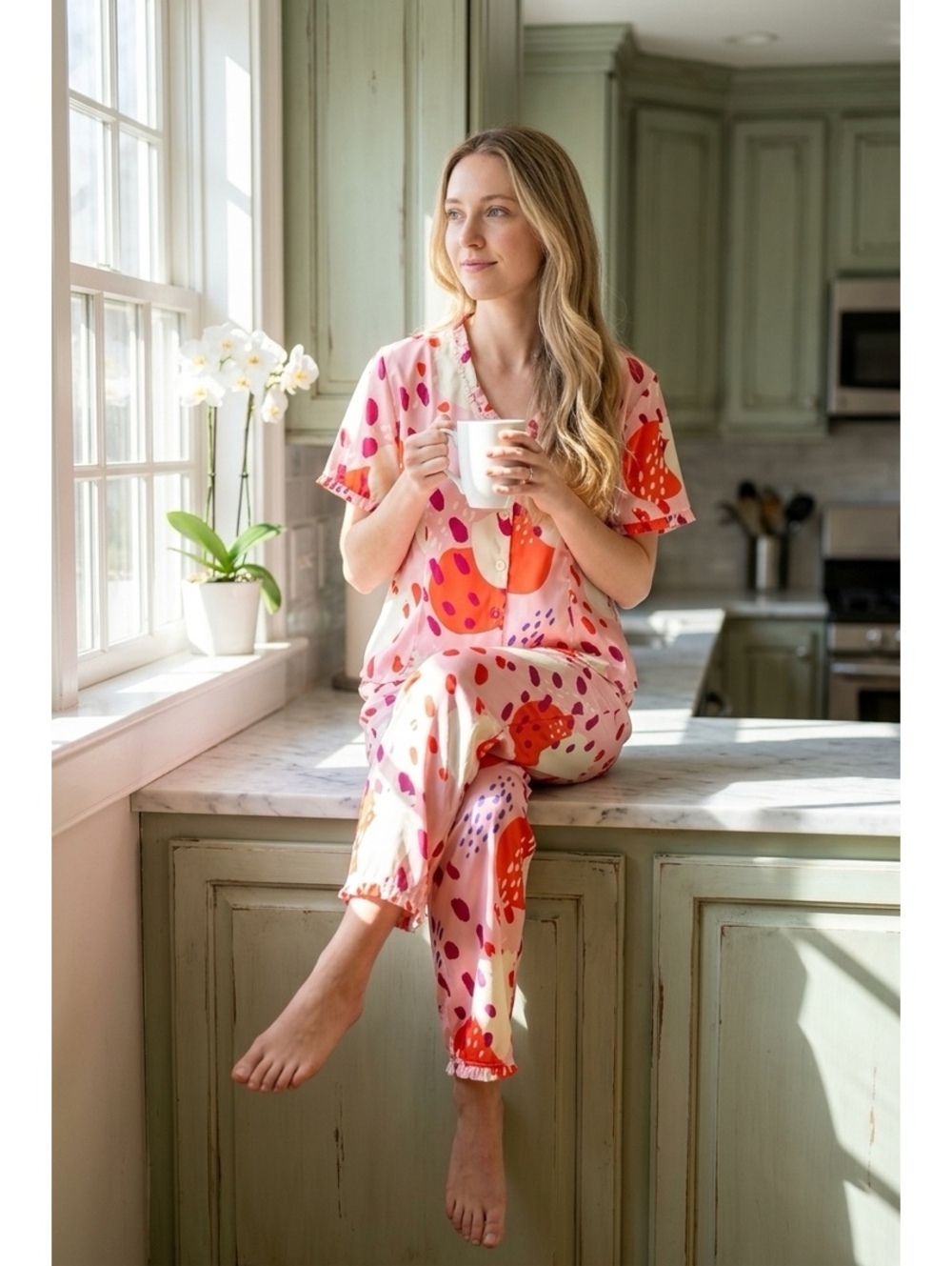 Women's Two-Piece Lounge Pajama Set with Abstract Strawberry Print